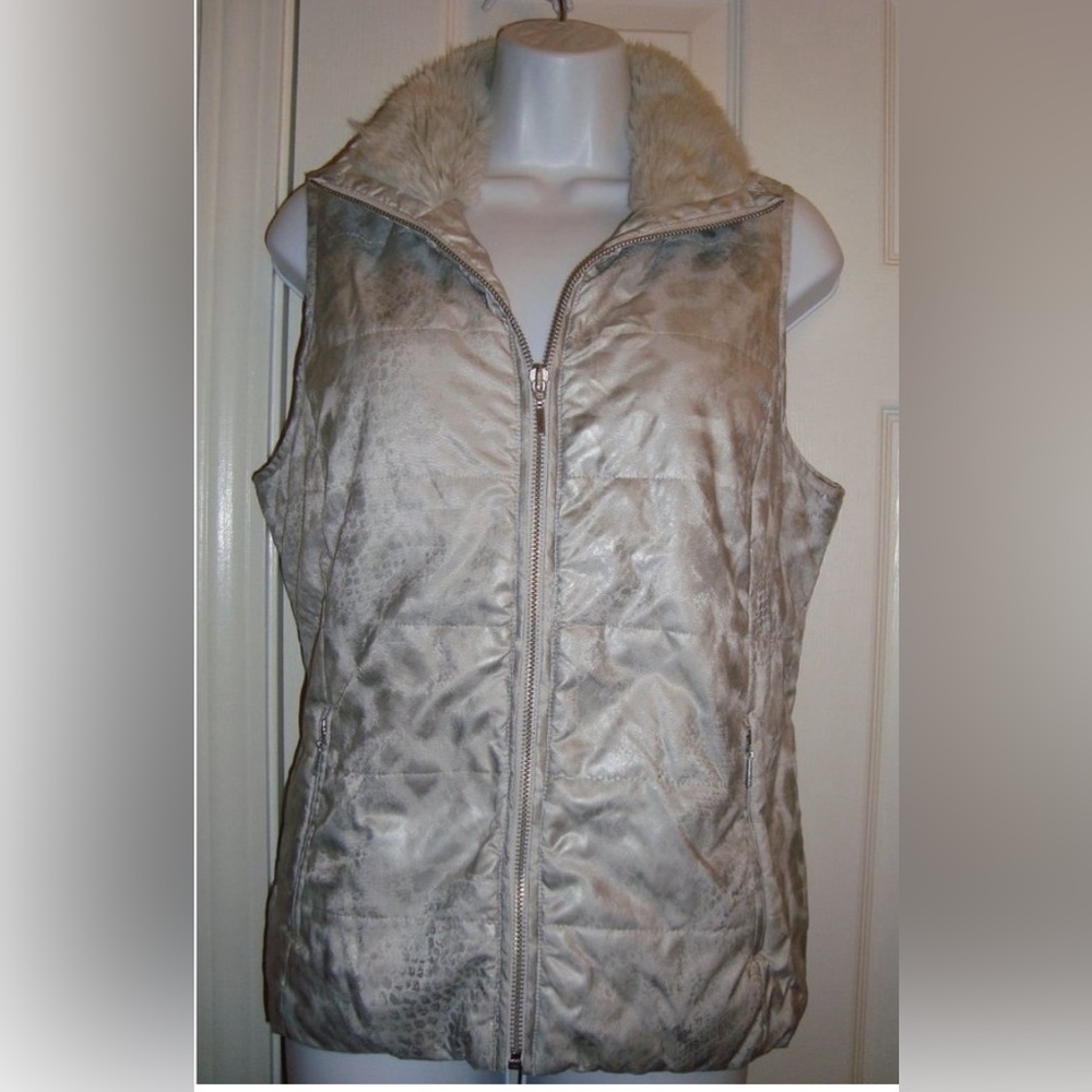 Chico's Silver Snake Animal Print Puffer Vest Faux Fur Size Small (Chico…